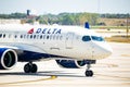 Chicago, IL / USA - 8/28/2020: Delta aircraft close up at the airport