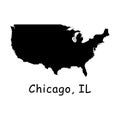 Chicago IL on USA Map. Detailed America Country Map with Location Pin on Chicago Illinois. Black silhouette vector maps isolated o Royalty Free Stock Photo