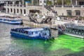 CHICAGO, IL/USA - MARCH 12, 2022: The annual dyeing of the Chicago River green is the work of the Chicago Plumbers Union Local in Royalty Free Stock Photo