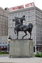 The Bowman sculpture in congress plaza with The Congess Hotel behind. Chicago, IL, USA. September 22, 2016. Royalty Free Stock Photo