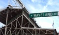 CHICAGO, IL - USA - 8-09-2017: Wrigley Field in Chicago, home of the Chicago Cubs, showing the Waveland Ave. street sign Royalty Free Stock Photo