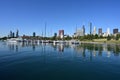 Chicago Yacht Club and Chicago skyline on Lake Michigan.