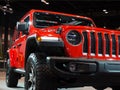 Closeup of a red Jeep Rubicon displayed at the Chicago Auto Show