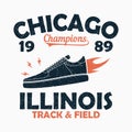 Chicago, Track and Field print for t-shirt with sneaker in fire. Graphic for design clothes. Vector illustration.