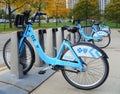 Chicago, Illinois, U.S - October 13, 2018 - Divvy bicycle rentals on its station to get around the city