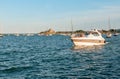 Landscape of lake Michigan with people on boat in Chicago downtown. Royalty Free Stock Photo