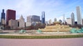 CHICAGO, ILLINOIS, UNITED STATES - DEC 12th, 2015: Buckingham fountain at Grant Park and Chicago downtown skyline Royalty Free Stock Photo