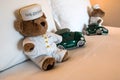 CHICAGO, ILLINOIS, UNITED STATES - DEC 12th, 2015: Teddy bear on comfort bed as a welcome present of luxury hotel