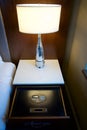 CHICAGO, ILLINOIS, UNITED STATES - May 12, 2018: Luxury hotel room with safe in nightstand drawer