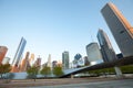 Michigan Avenue skyline and BP Pedestrian Bridge in Chicago Royalty Free Stock Photo