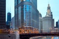 Skyine of downtown with Trump Tower, Wabash Avenue over Chicago river and Wrigley Building Royalty Free Stock Photo