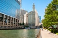 Cityscape with Wrigley Building from Chicago riverside, Illinois, USA Royalty Free Stock Photo