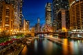 Chicago, Illinois, USA - City riverside at night Royalty Free Stock Photo