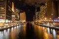 Chicago river at night in downtown Chicago. Royalty Free Stock Photo