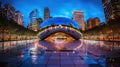 Chicago, Illinois, USA downtown skyline and Millennium Plaza at dusk. Generative AI