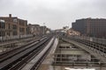 Chicago, Illinois. USA - February 28, 2021: Construction of elevated overpass for Kimball bound brown line trains off Belmont