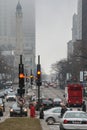 Chicago, Illinois, USA - February 21, 2010: many traffic lights and heavy traffic in downtown Chicago in wintertime