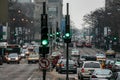 Chicago, Illinois, USA - February 21, 2010: many traffic lights and heavy traffic in downtown Chicago in wintertime