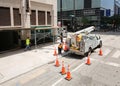 AT and T service workers prepare their equipment for a service call.