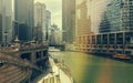 Chicago, Illinois, USA - July 19, 2016: Chicago skyscrapers, Watertaxi and Wendell sightseeing boat on the Chicago river Royalty Free Stock Photo