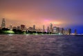 Chicago skyline at night across Lake Michigan Royalty Free Stock Photo