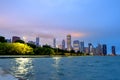 Chicago skyline at night across Lake Michigan Royalty Free Stock Photo