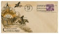 Chicago, Illinois, The USA - 25 MAY 1933: US historical envelope: cover with art cachet A Century of Progress, purple postage st