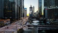 Aerial drone view of Chicago city skyline at sunset. Royalty Free Stock Photo