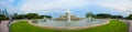 Chicago, Illinois, USA - 9.16.2023: Panoramic of Buckingham fountain in Grant Park in the morning with cloud and blue Royalty Free Stock Photo