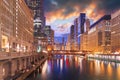 Chicago, Illinois, USA on the River at Twilight Royalty Free Stock Photo