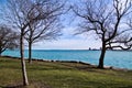 View of Michigan City, IN skyline from the lakefront along Chicago's south side, along Lake Michigan on a frigid winter day Royalty Free Stock Photo