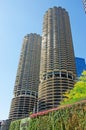 Chicago: looking up at Marina City building from a canal cruise on Chicago River on September 22, 2014 Royalty Free Stock Photo