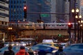 Elevated "el" train passes over Lake Street in the Chicago Loop during rush hour commute