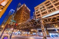 Chicago, USA: Downtown Chicago at night. Metro train passing Wabash Avenue Royalty Free Stock Photo