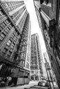 Chicago, USA: View through narrow street between skyscrapers in downtown Chicago Royalty Free Stock Photo