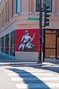 Chicago: murals, traffic light and zebra crossing in Chinatown on September 23, 2014