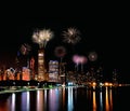 Chicago night skyline with fireworks, Usa. Royalty Free Stock Photo