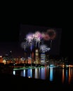 Chicago night skyline with fireworks, Usa. Royalty Free Stock Photo