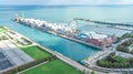 Chicago pier and skyline aerial drone view from above, lake Michigan and city of Chicago downtown skyscrapers cityscape, USA Royalty Free Stock Photo