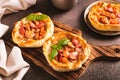 Chicago pizza pot pie with tomatoes, cheese and sausage on a wooden board Royalty Free Stock Photo