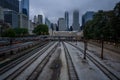 Chicago railway skyline with gloomy hazy cloudy sky over Skyscrapers downtown