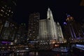 Chicago River Bridge view of the Wrigley Building and Tribune Tower at night Royalty Free Stock Photo