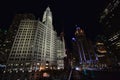 Chicago River Bridge view of the Wrigley Building and Tribune Tower at night Royalty Free Stock Photo