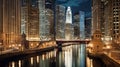 Chicago River and Chicago skyline at night, Illinois, United States. Generative AI Royalty Free Stock Photo