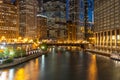 Chicago river downtown buildings sunset evening Royalty Free Stock Photo