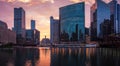 The Chicago River. Downtown, Chicago, USA. Morning cityscape, sunrise. Panorama. Royalty Free Stock Photo