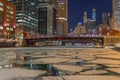 Chicago river downtown frozen ice buildings bridge night Royalty Free Stock Photo