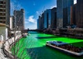 Chicago River is dyed green for St. Patrick`s day as crowds surround scene.