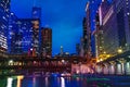 Chicago river and Marina City towers at night, USA Royalty Free Stock Photo