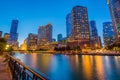 The Chicago River at night, in Chicago, Illinois Royalty Free Stock Photo